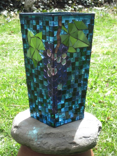 Grapes Vase; 4.5" x 4.5" x 9", tapered; stained glass on glass; $175.00